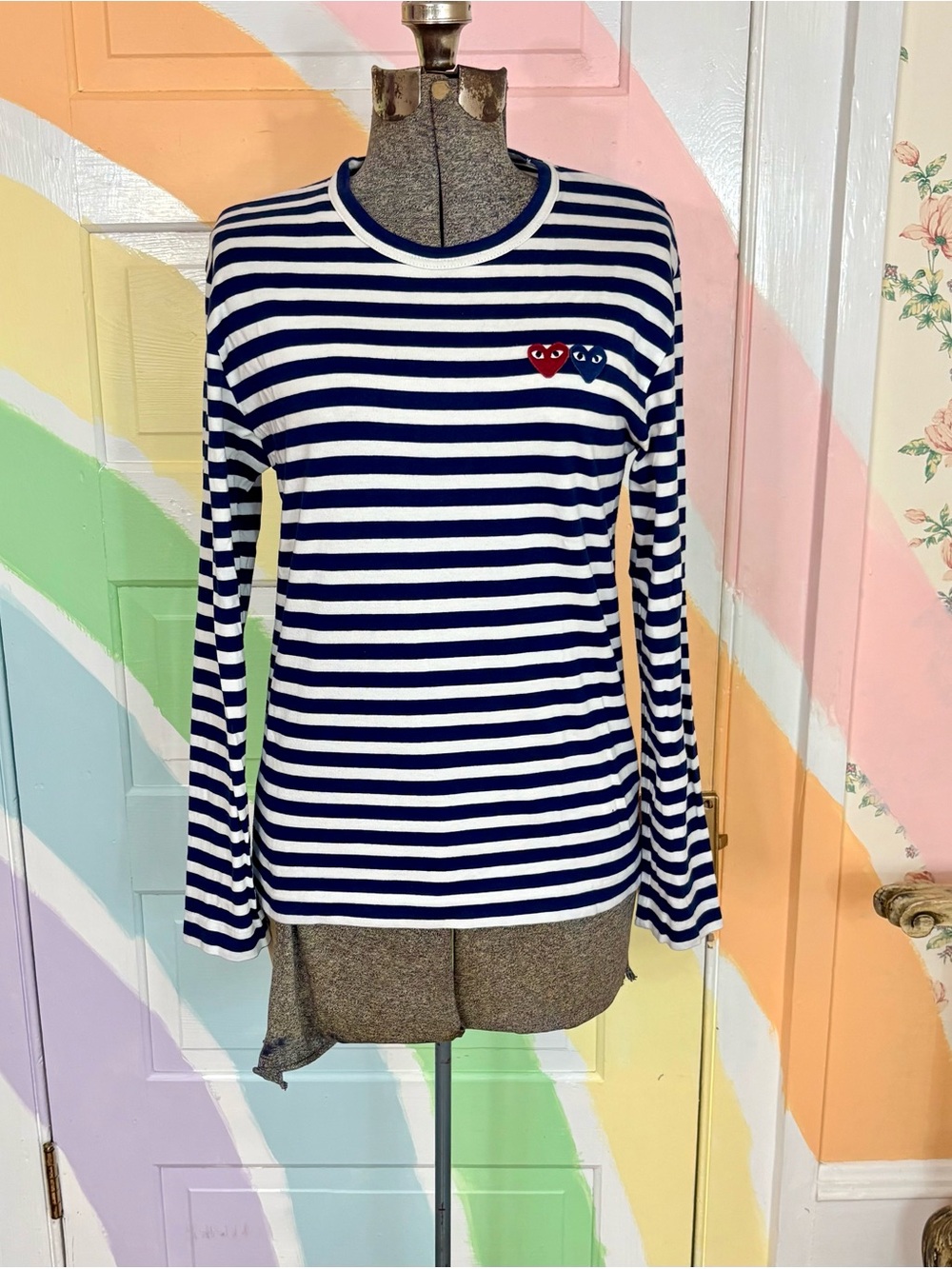 💥Comme des Garçons PLAY Double Heart Striped Long Sleeve T-Shirt Navy S🧡